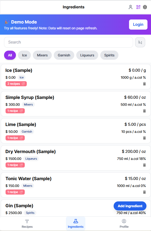 Ingredient Tracking Screenshot